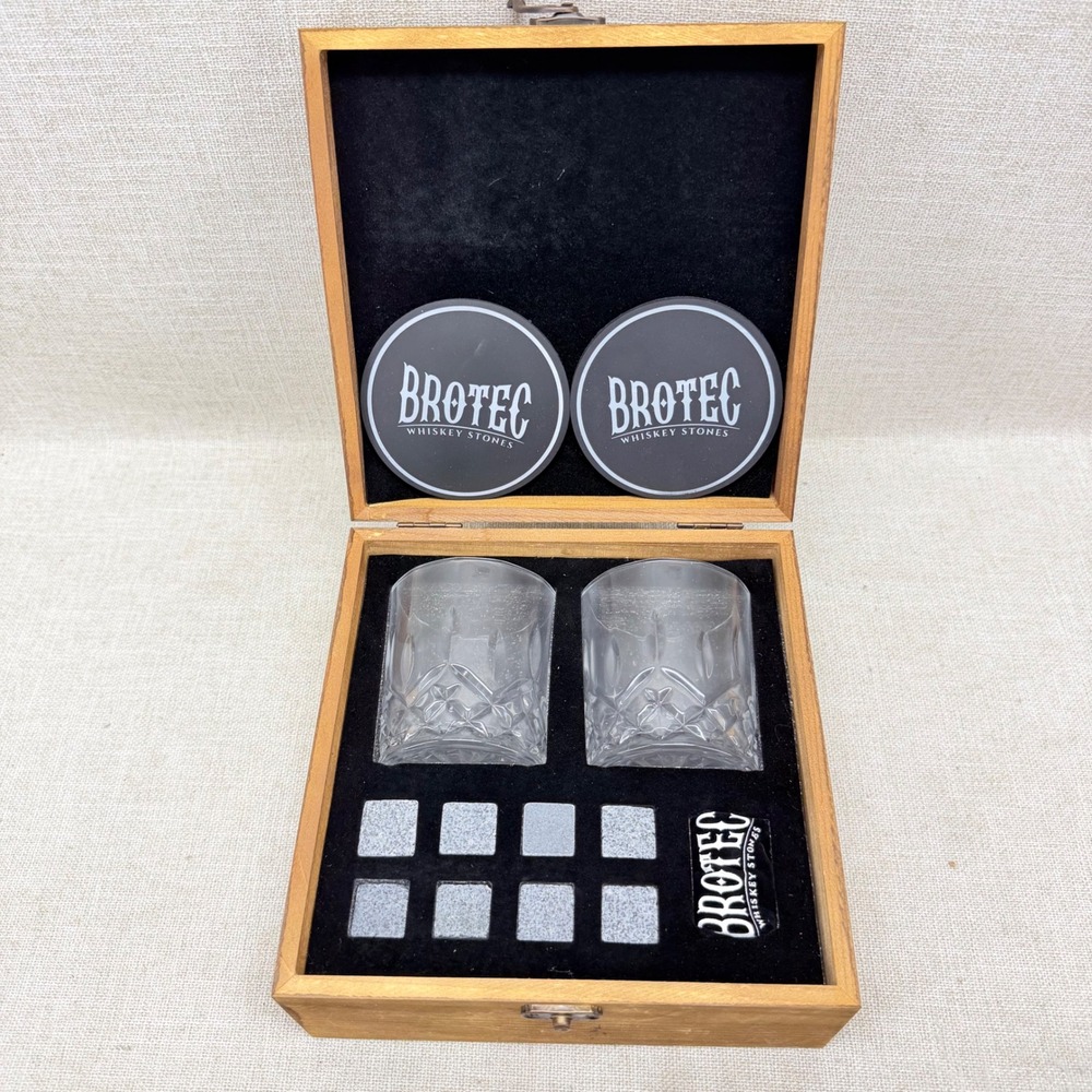 Brotec Whiskey Stones Gift Set with 2 Glasses 8 Granite Rocks Wooden Box